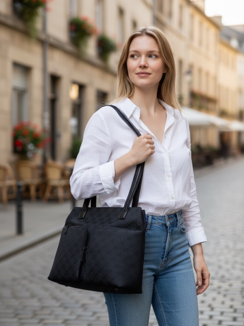 Gucci Gg Canvas / Denim Double Pocket Tote- Black P0070